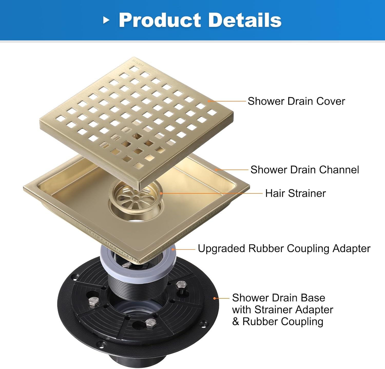 uxcell 6 Inch Square Shower Floor Drain, 304 Stainless Steel Floor Drain with Flange for Bathrooms, Kitchens, Garages, Showers Sinks, Quadrato Pattern Grate Removable, Gold