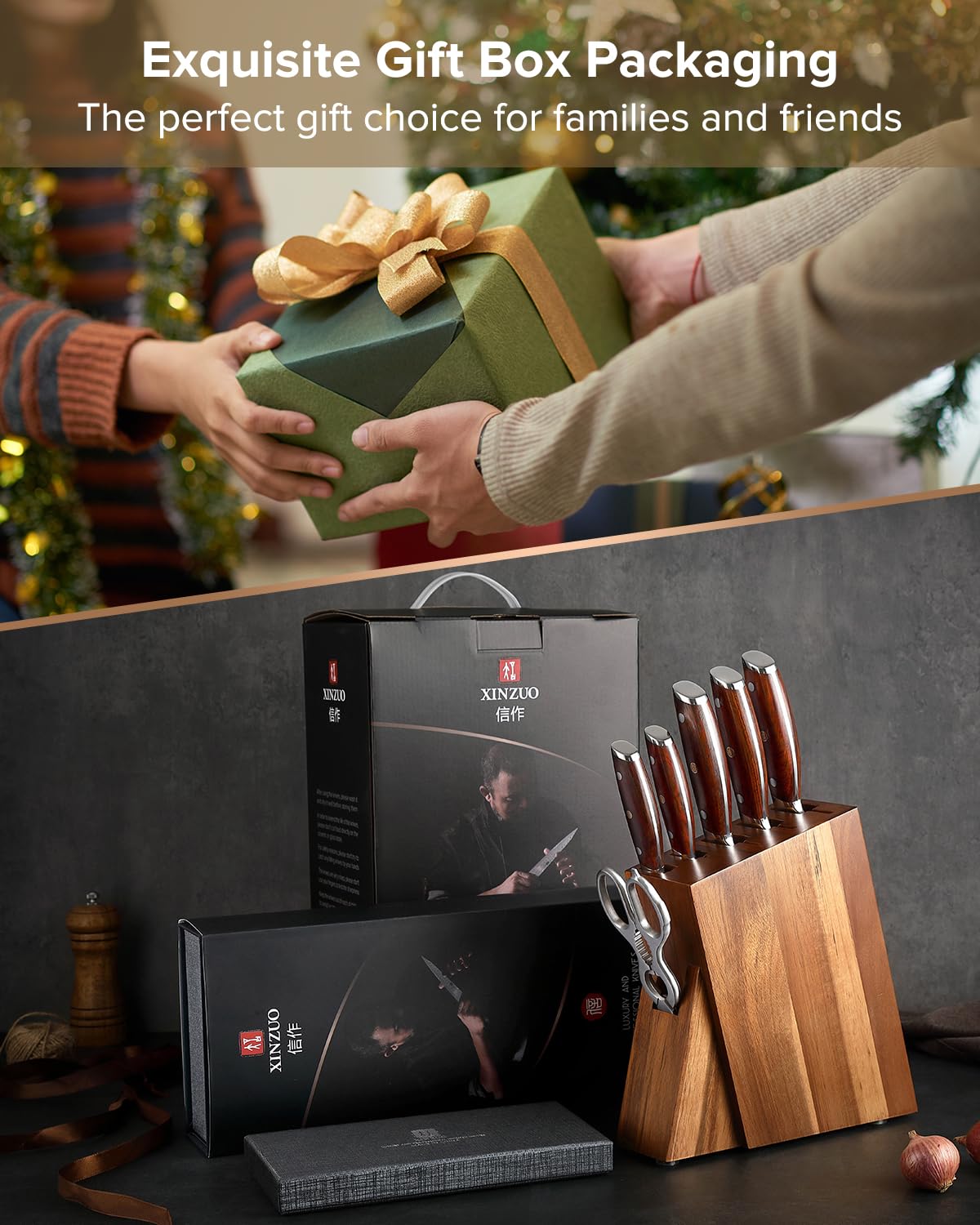 XINZUO Acciaio Damasco Set Coltelli da 7 Pezzi con Portacoltelli, Professionale Coltello da Chef Santoku Pane Universali Frutta, Forbici da Cucina Multifunzione, Manico Rosewood Ergonomico -Yi Serie