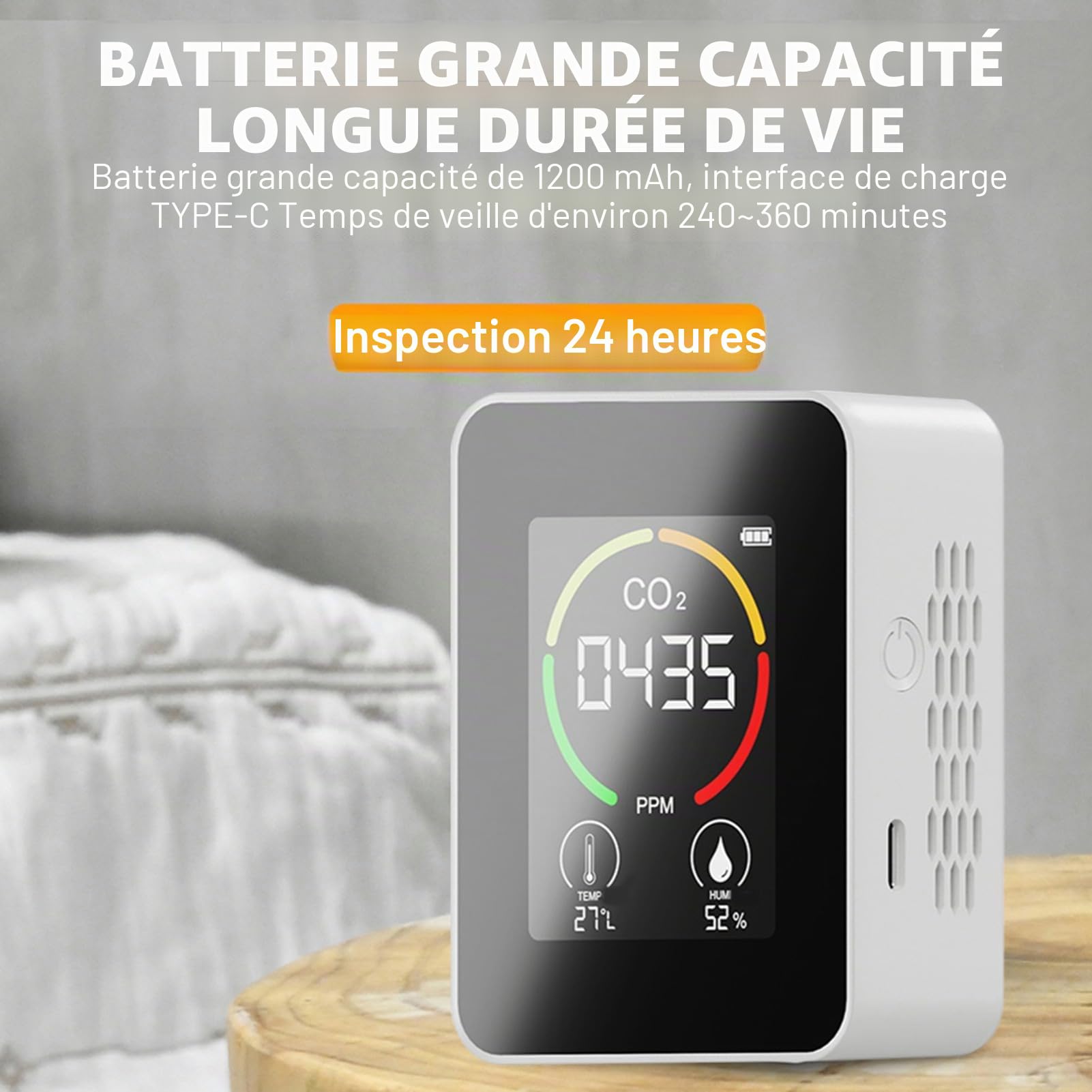 Moniteur de qualité de l'air – Détecteur de radon à grand écran LCD pour une utilisation en intérieur avec système intuitif à code couleur – Idéal pour les serres, la production agricole et les