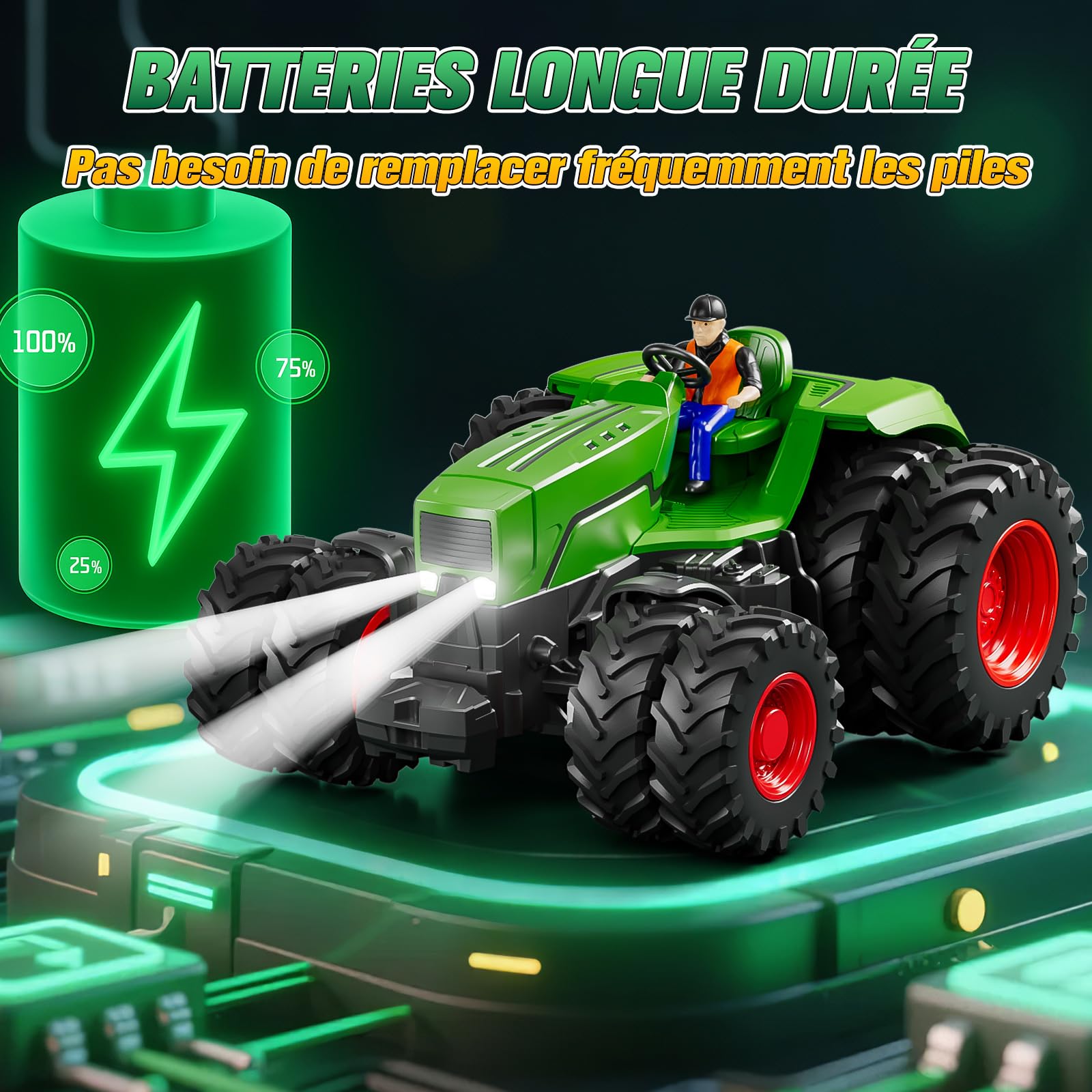 Tracteur Jouet Enfant RC Télécommandé avec Lumière Remorque Levage Vache Mouton Balle de Foin Cadeau Agricole