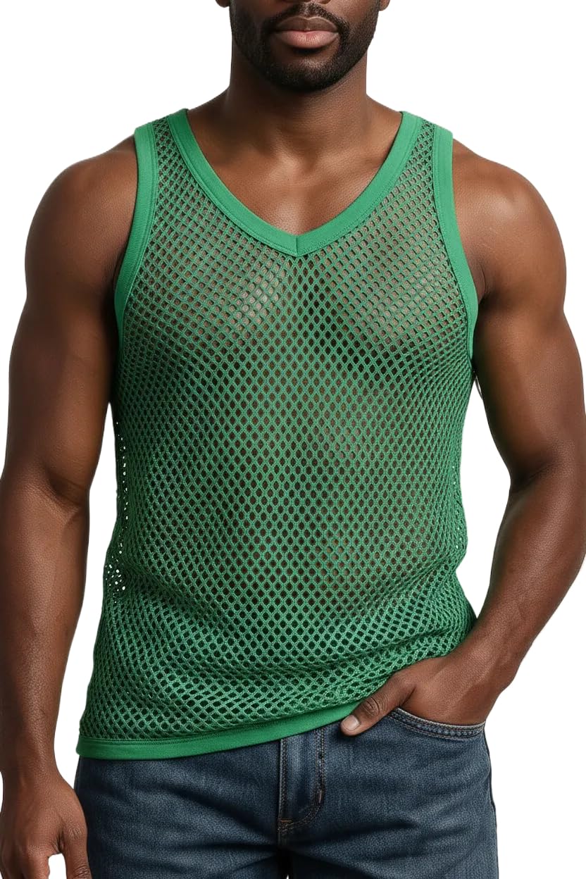 Crazy Lizard Unisex Green String Vest. Heavy Cotton Gym Vests For Men Uk. String Vests For Men Uk. The Classic British Mesh Vest With See Through Fishnet Fabric.