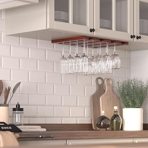 Miniatura 2 de Rustic State Vigo - Soporte ajustable de madera para debajo del gabinete para copas de vino, 4 estantes para colgar copas de vino, organizador de