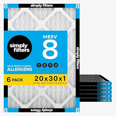 Simply 20x30x1 Air Filter, Merv 8, 6 Pack, For Home AC Furnace & HVAC (Actual Size: 19.94"x29.94"x0.75") DUST, Pet & Allergy Control,, 20x30x1