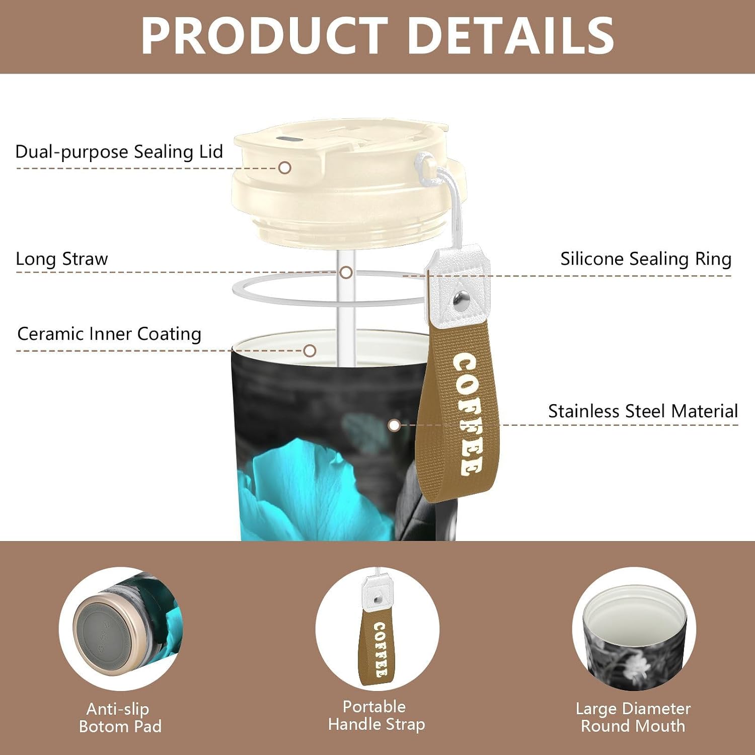 Blue Rose Table Insulated Coffee Mug with Straw & Flip Lid, 16.9oz Iced Tumbler Cup, Double Wall Vacuum Mug for Travel Office