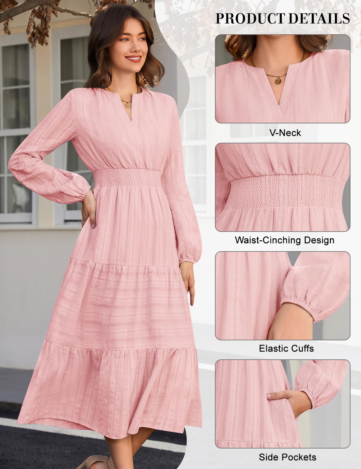 Vestito Donna Manica Lunga Scollo a V Autunno | Vita Alta, Gonna a Trapezio, Cotone, Casual Abito, Vestito Lungo, Elegante, Tinta Unita, Tasche, Autunno, Inverno, Primavera