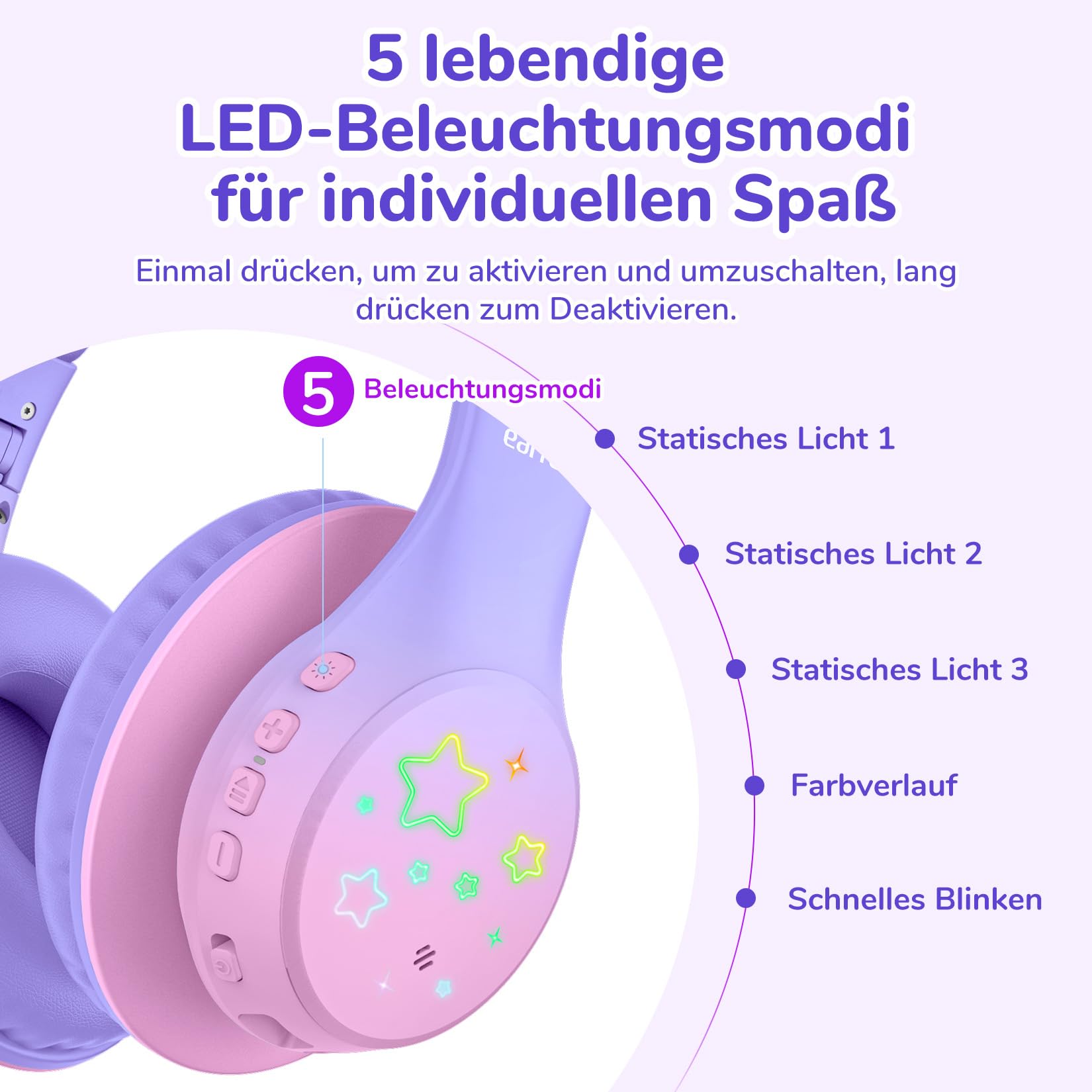 EarFun Bluetooth Kopfhörer Kinder, 5 LED-Beleuchtungsmodi, 74/85/94 dBA Lautstärkebegrenzung, 90 Std Akku, Hi-Fi Klang, HD-Mikrofon, Bluetooth 5.4, Faltbare, Kopfhörer Kabellos Kinder für Schule/Reise