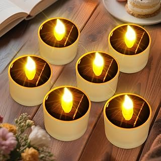 Solar Tea Lights Outdoor - 6 Pack Waterproof Rechargeable Dusk to Dawn Outdoor Lighting Flameless Flicker Reusable LED Solar Candles for Lanterns Camping Garden Home Decorations, 2.3''x2.1''