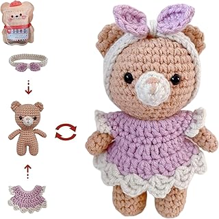 LoopMap Crochet Kit for Beginners - DIY Amigurumi Bear with Removable Dress & Accessories - Step-by-Step Video Tutorials, Extra Yarn, Crochet Tools, Handmade Gift for Kids & Adults (Bear K01, Purple) - Buy now