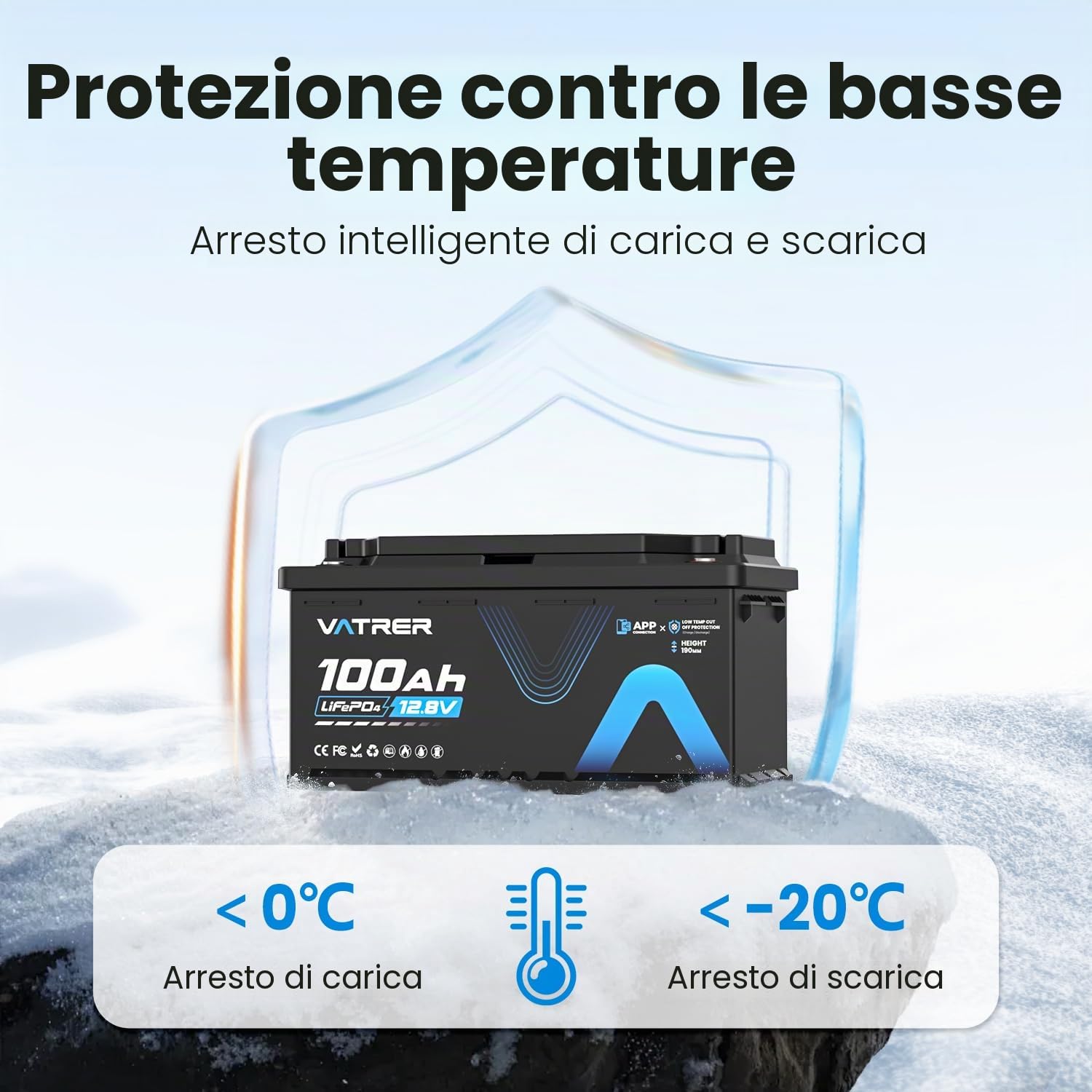 VATRER POWER LiFePO4 12V 100Ah H190/DIN H8 / L5 Bluetooth | BMS Smart 100A·1280Wh Energia Utilizzabile·5000+ Cicli·Fotovoltaico,Camper & Backup
