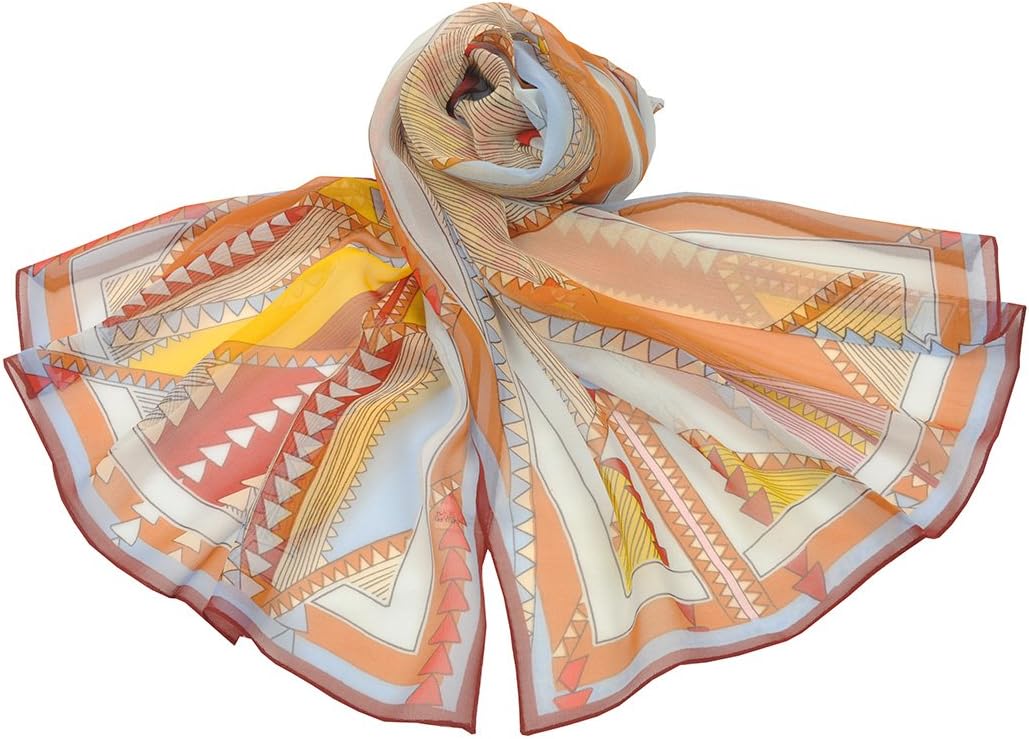 100% Mulberry Silk Fashion Pattern Long Scarf With Geometric Figure (Orange With Yellow)