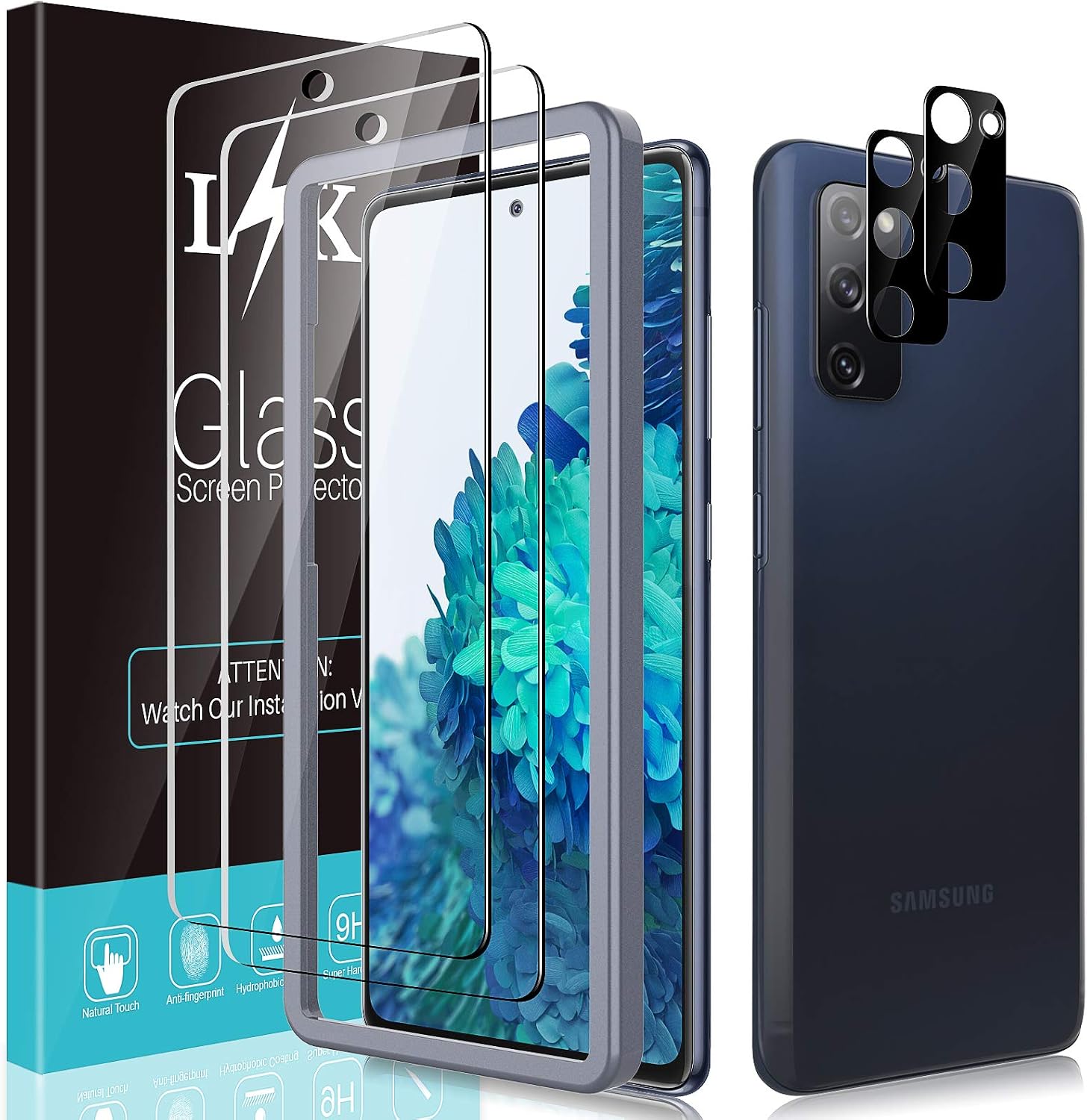 [2+2 Pack] LϟK Compatible for Samsung Galaxy S20 FE 5G 2 Pack Tempered Glass Screen Protector + 2 Pack Black Camera Lens Protector, Easy Frame Installation, Case Friendly - Black