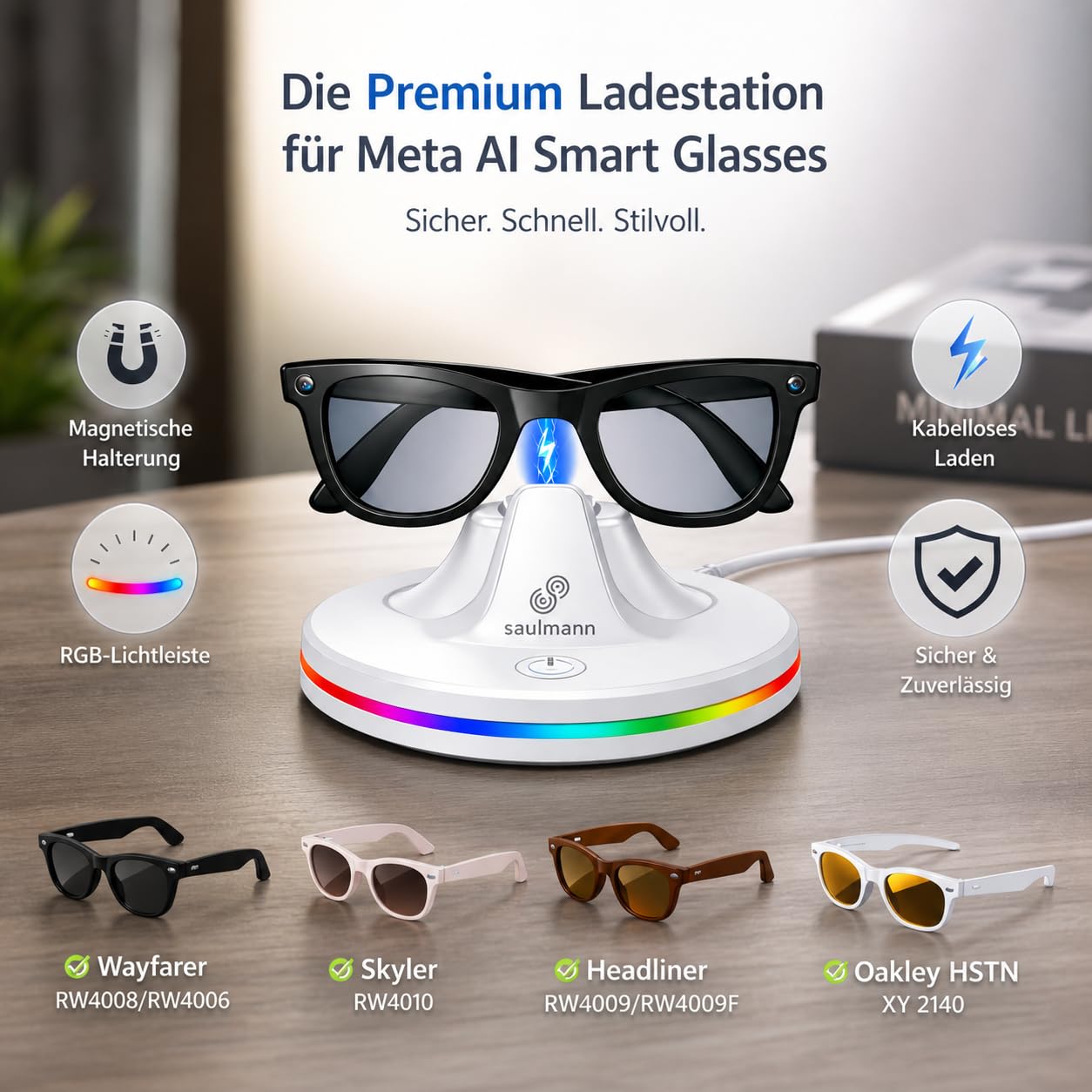 Saulmann Stazione di ricarica e cavo compatibile con Ray-Ban Meta Smart Glasses Gen 1 & 2 con indicatore LED USB-C. Incl. 2 x LED Blocker - SJ7 BIANCO