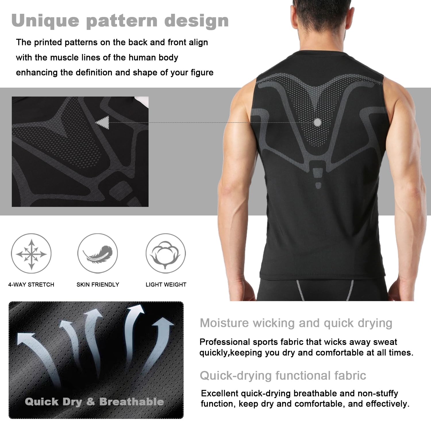 Camiseta de compresión Sin Mangas para Hombre Camisetas de Correr Ranspirable Secado Rápido para Hombre Tops de Jogging Fitness