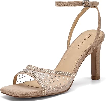 TEAIEUI High Heels for Women with Rhinestone 3-Inch Sexy Stiletto Sandals | Square Open Toe, Comfort, Ankle Strap, for Prom, Dress Shoes, Party, Wedding, Daily