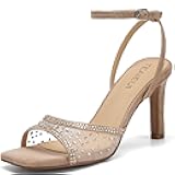 TEAIEUI High Heels for Women with Rhinestone 3-Inch Sexy Stiletto Sandals | Square Open Toe, Comfort, Ankle Strap, for Prom, Dress Shoes, Party, Wedding, Daily