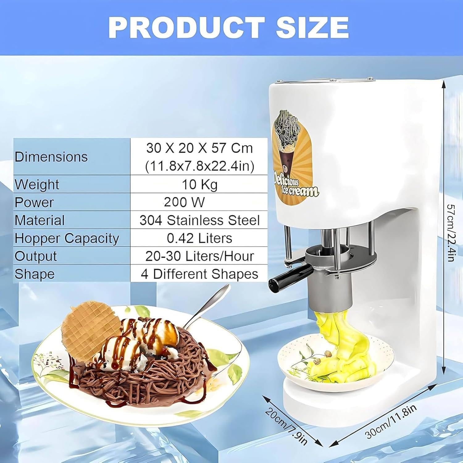 Macchina per Gelato a Forma di Spaghetti, pressa da 80 W con 4 stampi di Diverse Forme, tramoggia da 420 ml e Produzione di 7,4-7,9 galloni/Ora per gelaterie e pasticcerie. White