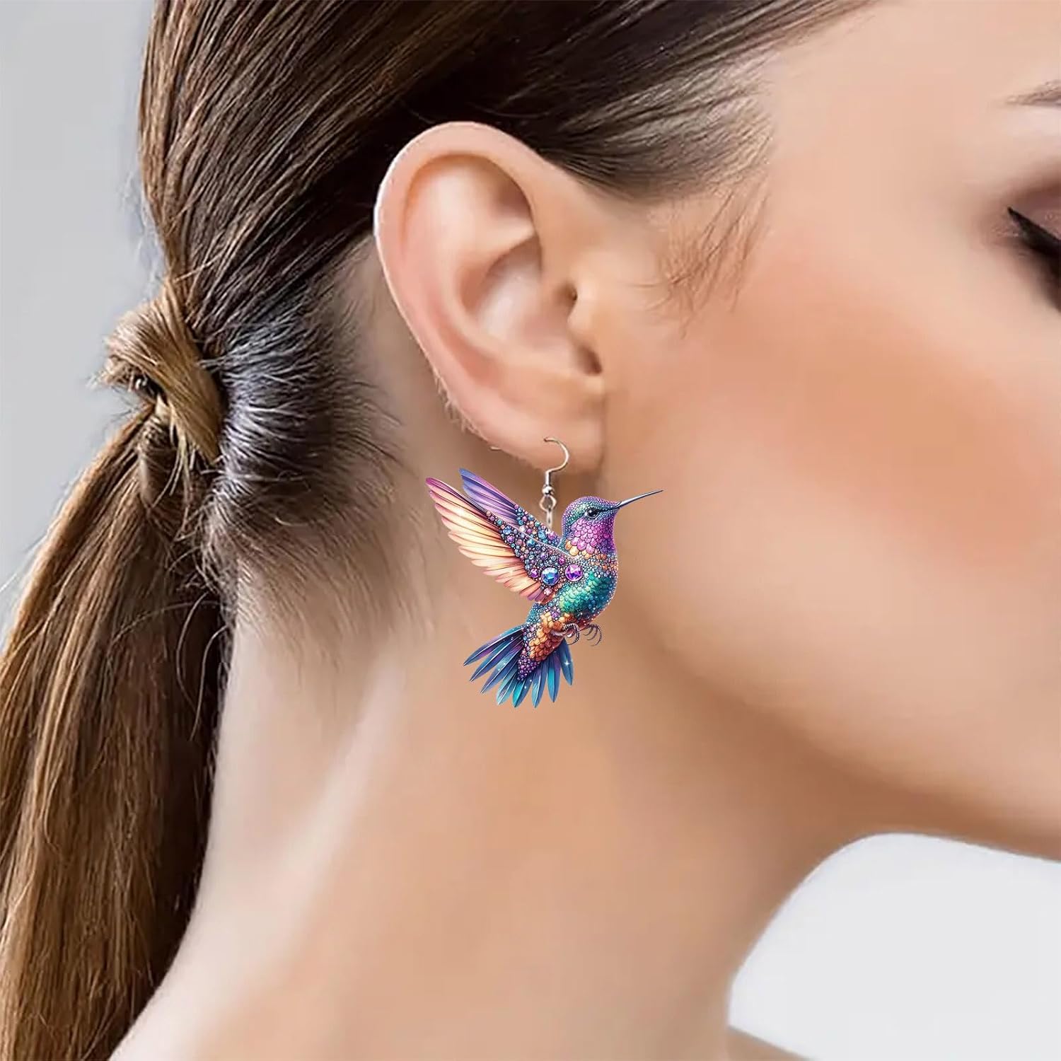 Hummingbird Earrings for Women, Sterling Silver Hypoallergenic Dangling Earrings, 2D Acrylic Blue Purple Colorful Cute Humming Bird Dangle Trendy Jewelry - Image 2