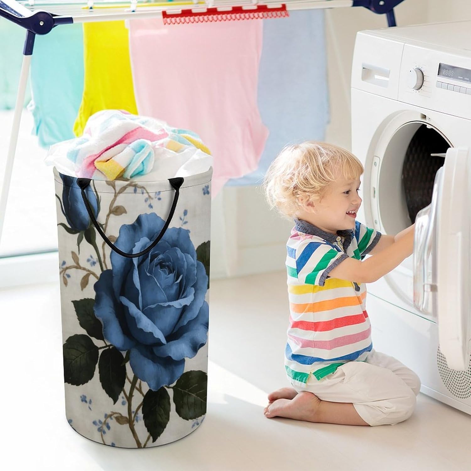 Rustic Blue Floral Laundry Hamper with Handles Waterproof Collapsible Laundry Basket Large Lightweight Round Dirty Clothes Hamper for Home Dorm Bathroom Decor