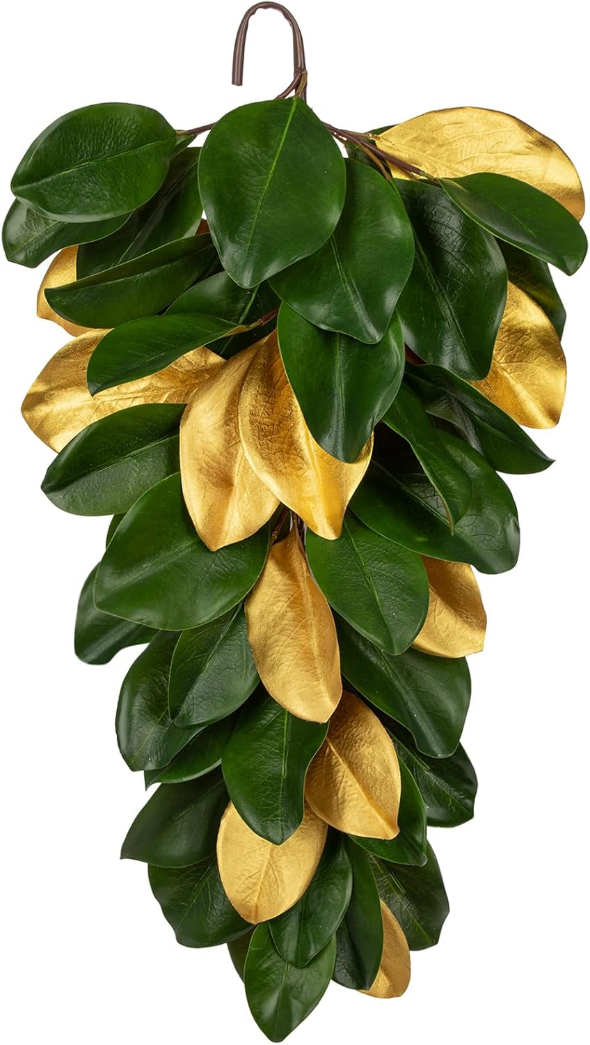 Christmas Gold Leaf Holiday Teardrop Swag – 27" Artificial Magnolia Greenery Hanging Decoration – Elegant Front Door & Fireplace Décor for Christmas Thanksgiving