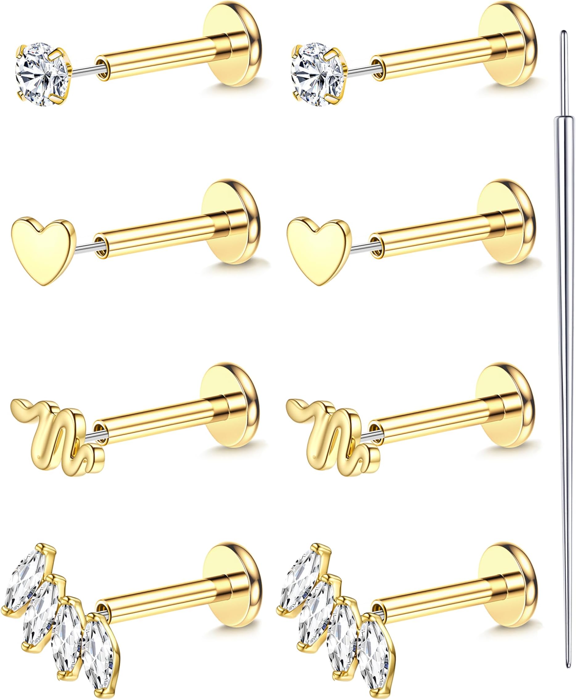 18K Gold Plated Threadless Flat Back Earrings Studs 316L Surgical Steel Push in Nose Studs Rings 20G 18G 16G CZ Tragus Cartilage Helix Conch Lip Labret Medusa Nostril Piercing Jewelry Hypoallergenic