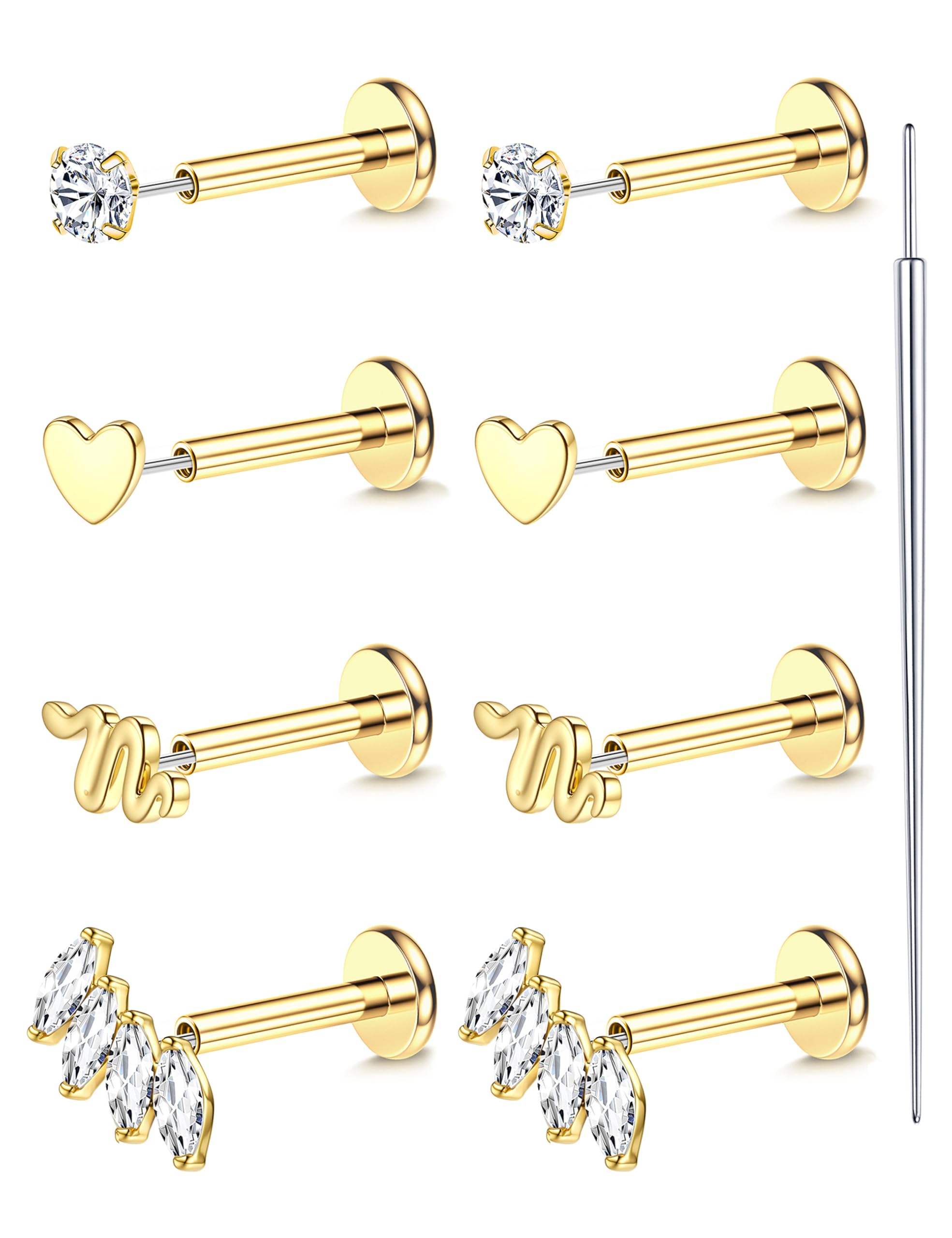 18K Gold Plated Threadless Flat Back Earrings Studs 316L Surgical Steel Push in Nose Studs Rings 20G 18G 16G CZ Tragus Cartilage Helix Conch Lip Labret Medusa Nostril Piercing Jewelry Hypoallergenic