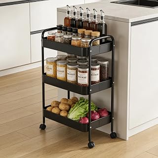 Ufriandzキッチンワゴン 3階建てスチールわごんキャスター付き 移動実用カート 3段収納ラック寝室 オフィス ランドリー 狭いスペース 黒 | 3段ワゴン、隙間収納、幅45×奥行30×高さ78cm、大容量わごん、移動式棚、スリム、デスク下 収納、4つのサスペンション