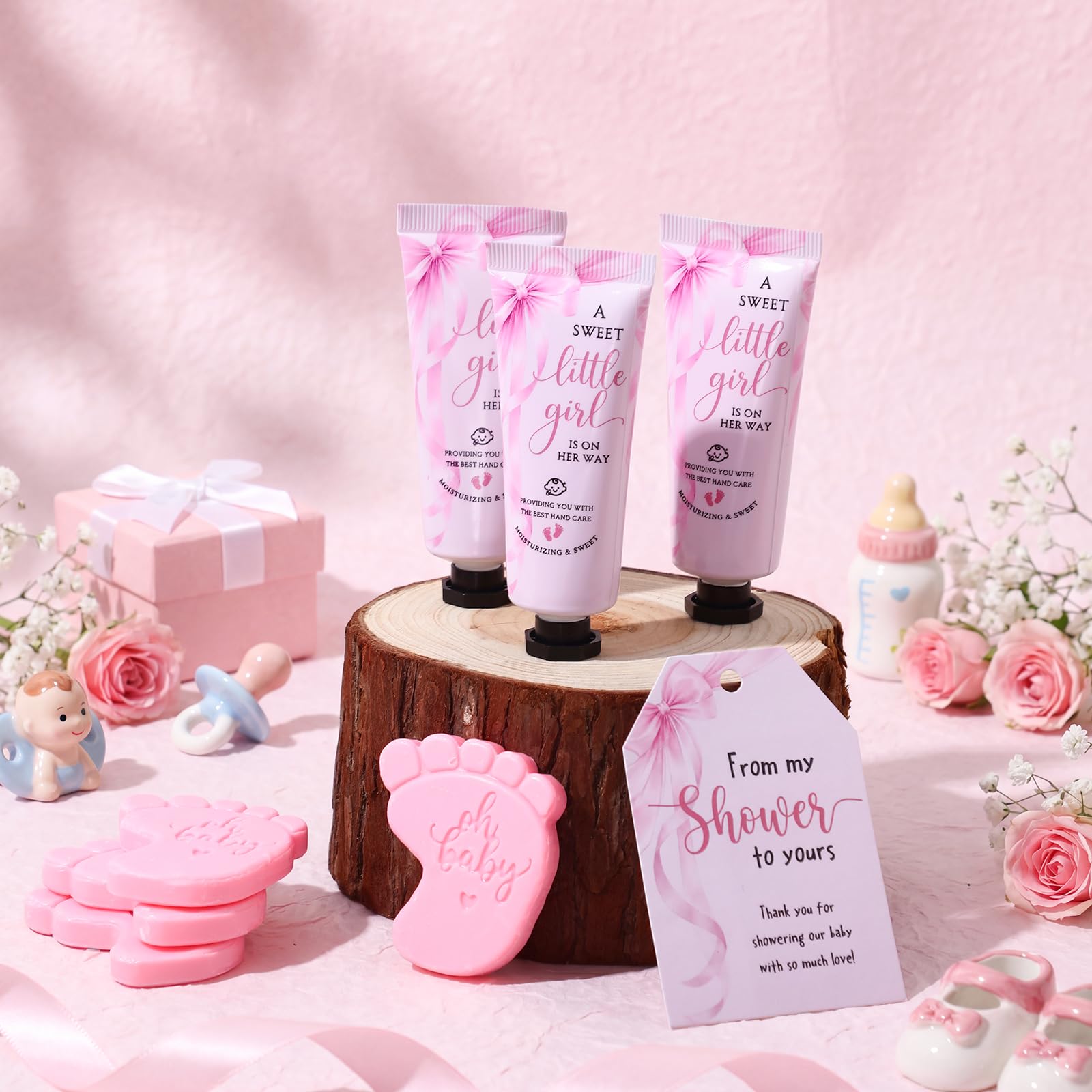 25 juegos de recuerdos de baby shower con lazo rosa para invitados, kit de crema de manos perfumada y jabón de huellas con tarjetas, bolsas de regalo transparentes y cordel para regalos de