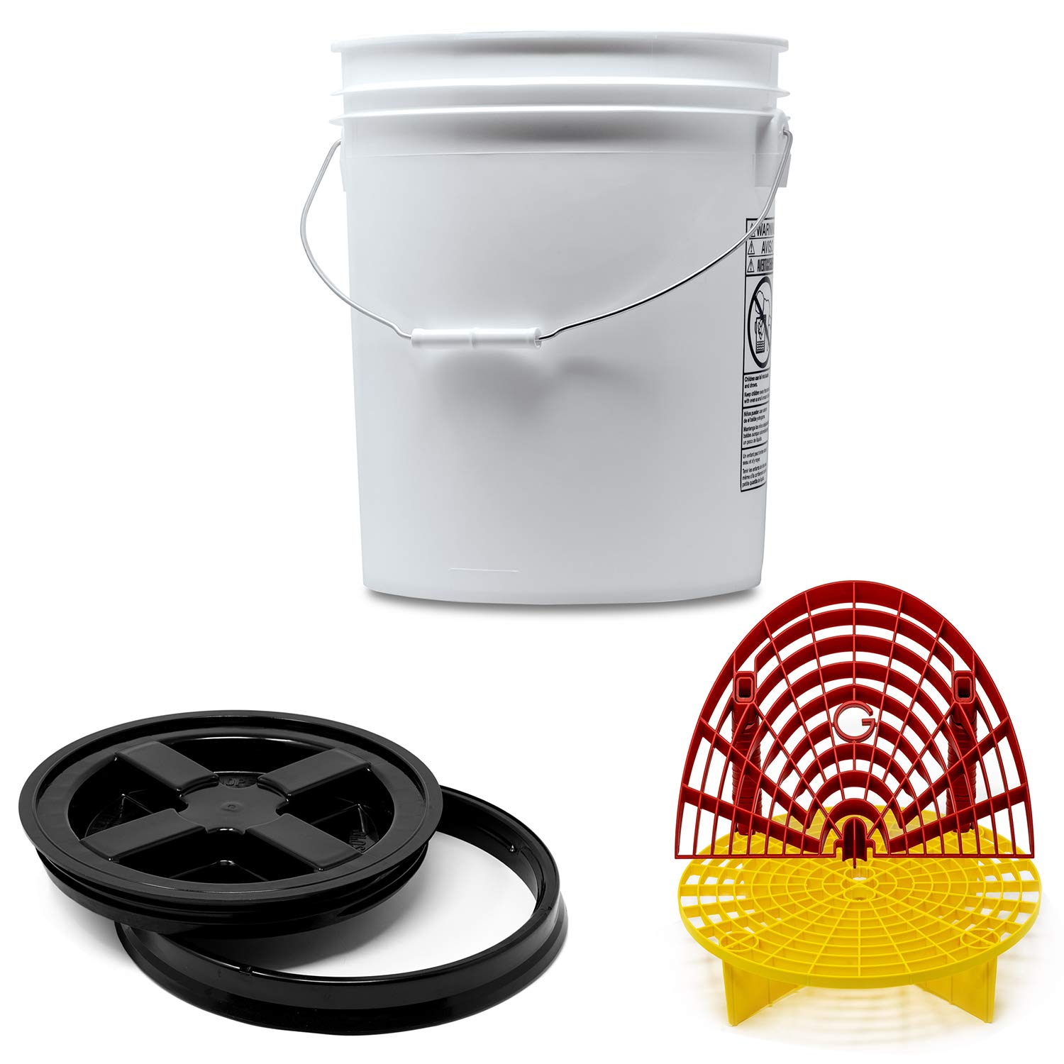 Detailmate professionelles Wasch Eimer Set: Magic Bucket Wascheimer 5 GAL (ca. 20 Liter), Gamma Seal Eimerdeckel schwarz, GritGuard Schmutz Einsatz gelb, GritGuard Washboard rot