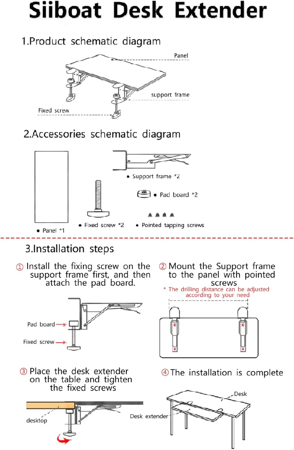 Desk Extender 25.2" x 9.45" Ergonomic Computer Table Extension Arm Support Collapsible Keyboard Tray for Square Tabletop - Carbon Fiber