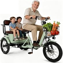 Two-Seater Electric Tricycle for Adults,3-Wheel Ebike with Passenger Seat,7-Speeds,18" X 4.0" Fat Tyres,Front & Rear Baskets,Dual Disc Brakes Green