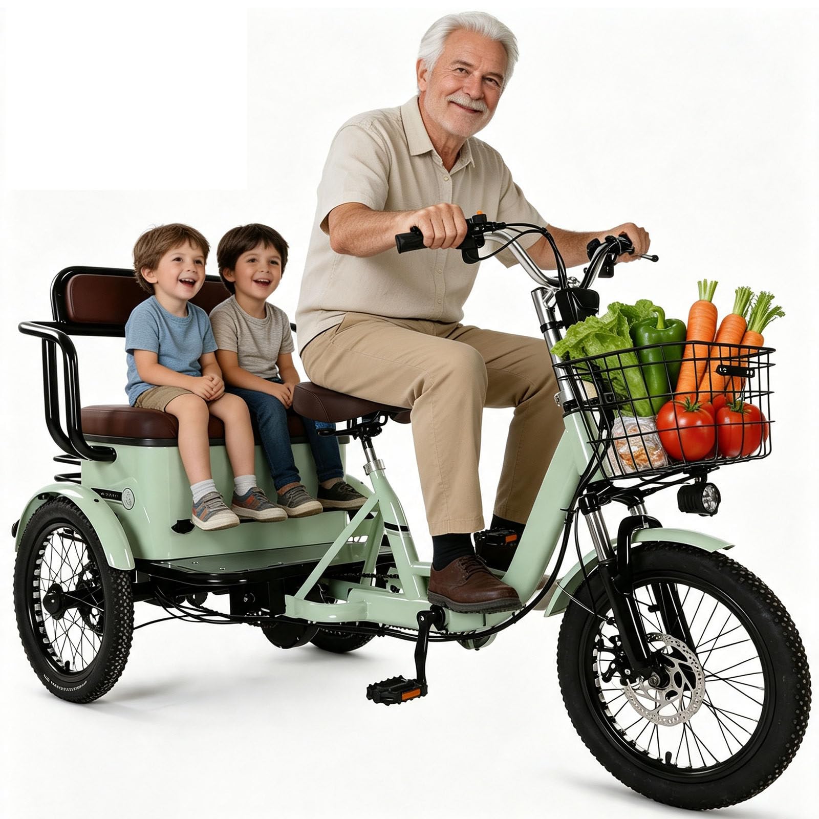 Triciclo Elettrico a Due Posti per Adulti, Ebike a 3 Ruote con Sedile Passeggero, 7 velocità, Pneumatici Larghi da 18" X 4,0", Cestini Anteriori E Posteriori, Doppi Freni a Disco Green