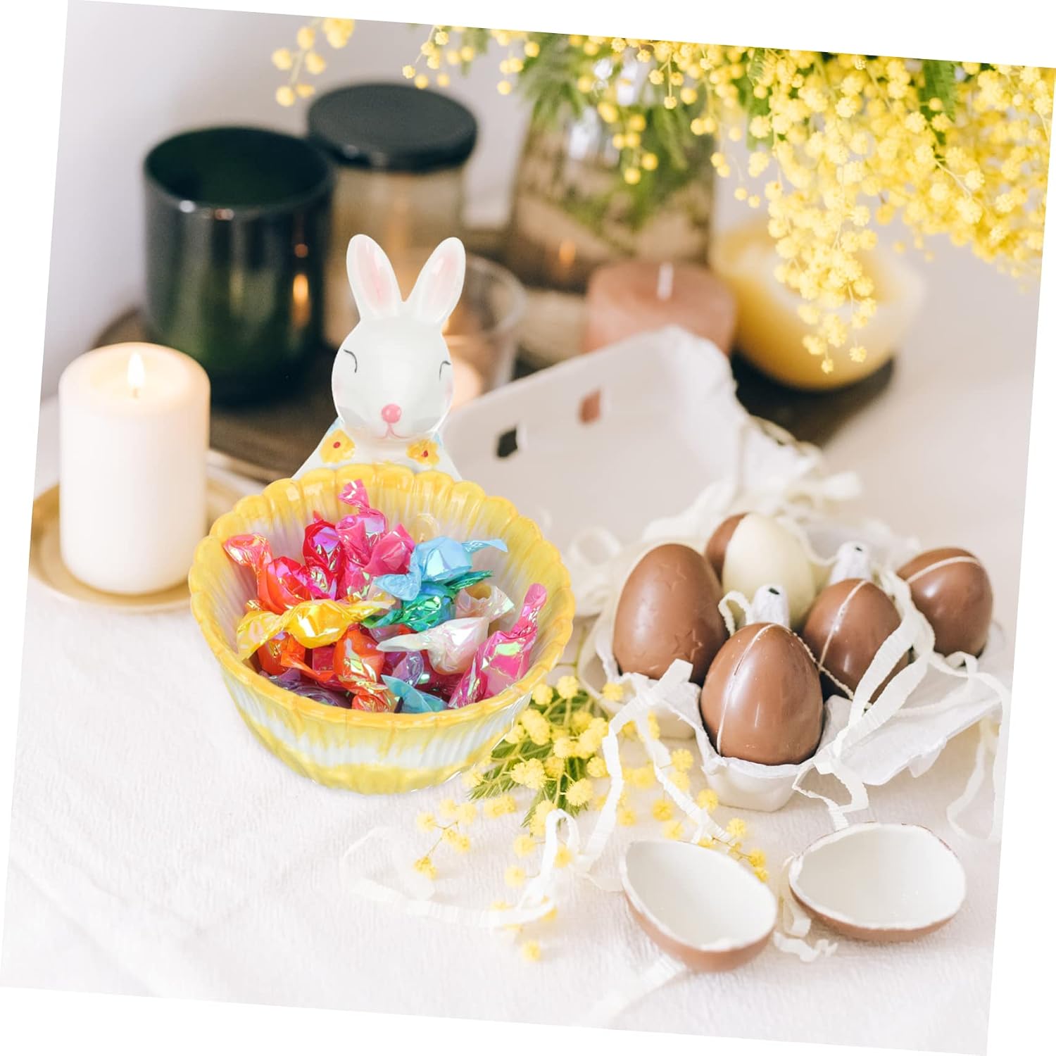 Kichvoe Realistic Easter Bunny Ceramic Basket Decor Small Rabbit Figurine Desktop Ornament for Home Office Party Decoration Cute Bunny Bowl for Flower Pot and Table Display