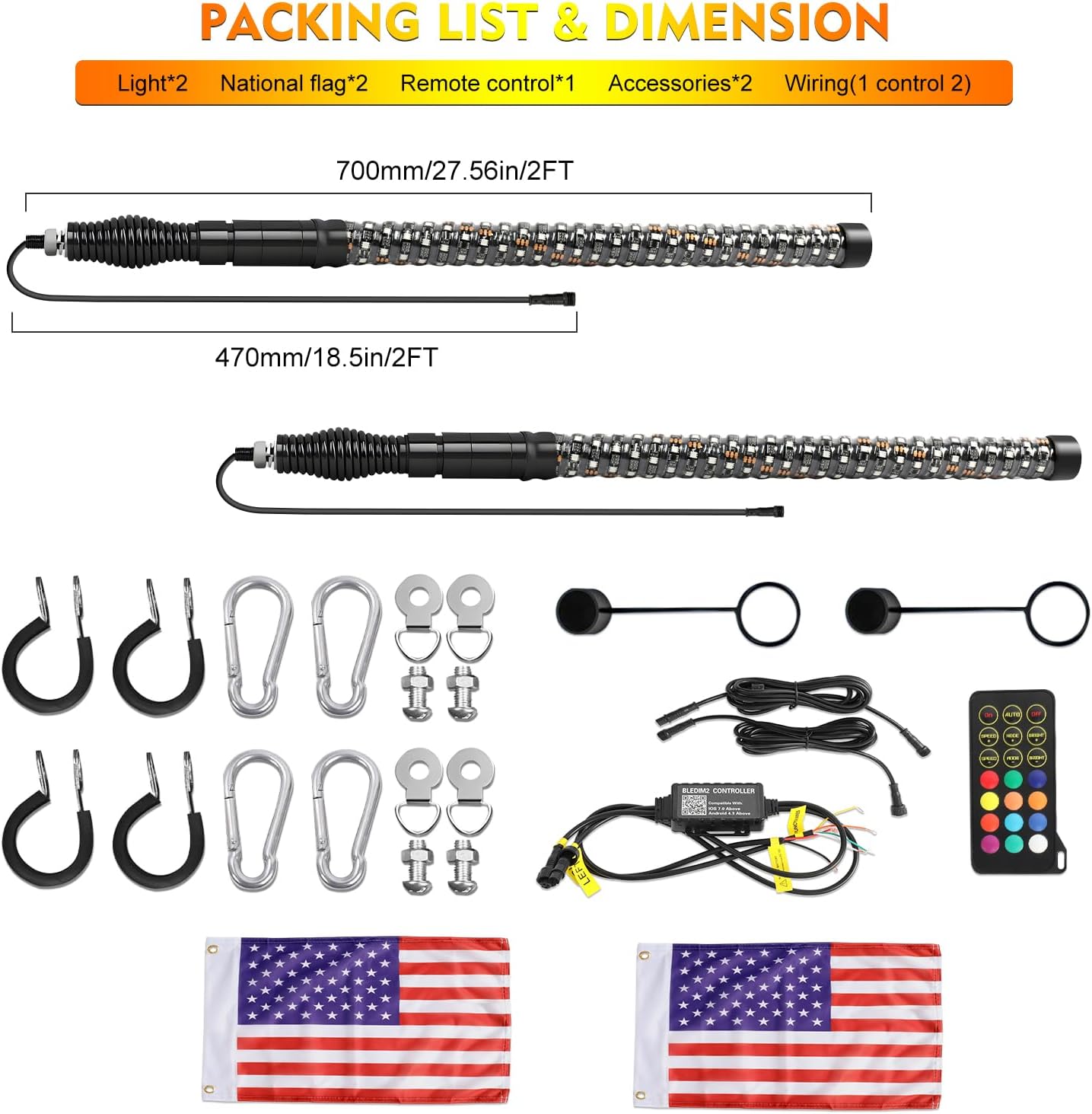 2 ft Fat Whip Lights, ATV UTV Whip LED Lights for Side by Side, Spiral RGB Chasing Lighted Antenna Whips with Rocker Switch Compatible with Sxs Rzrcan-Am X3 Off-Road