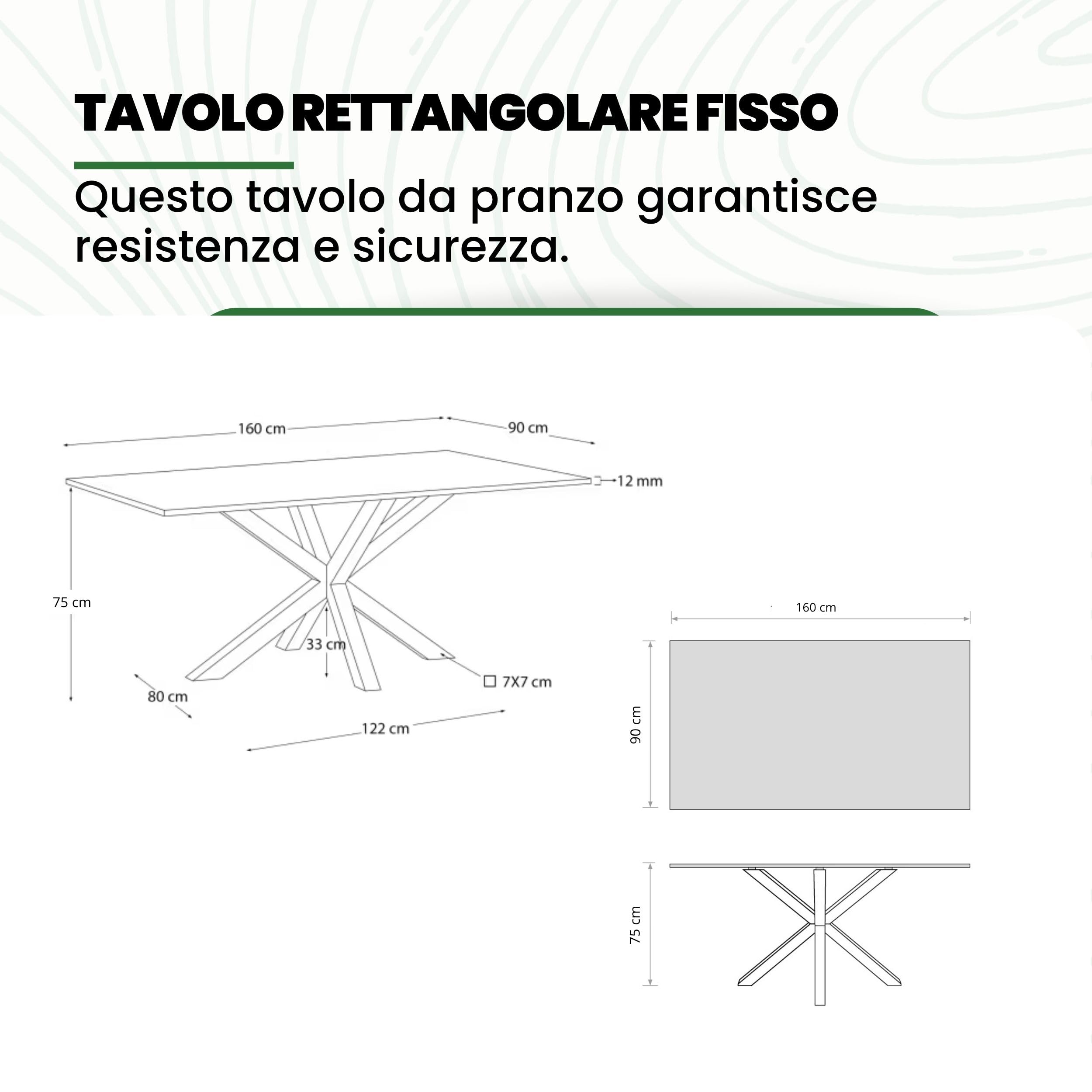Mar.c.a. Design - Tavolo da Pranzo Rettangolare 160x90x75 cm - Tavolo Sala Da Pranzo con Piano in Vetro Temperato e Struttura in Legno - Made in Italy