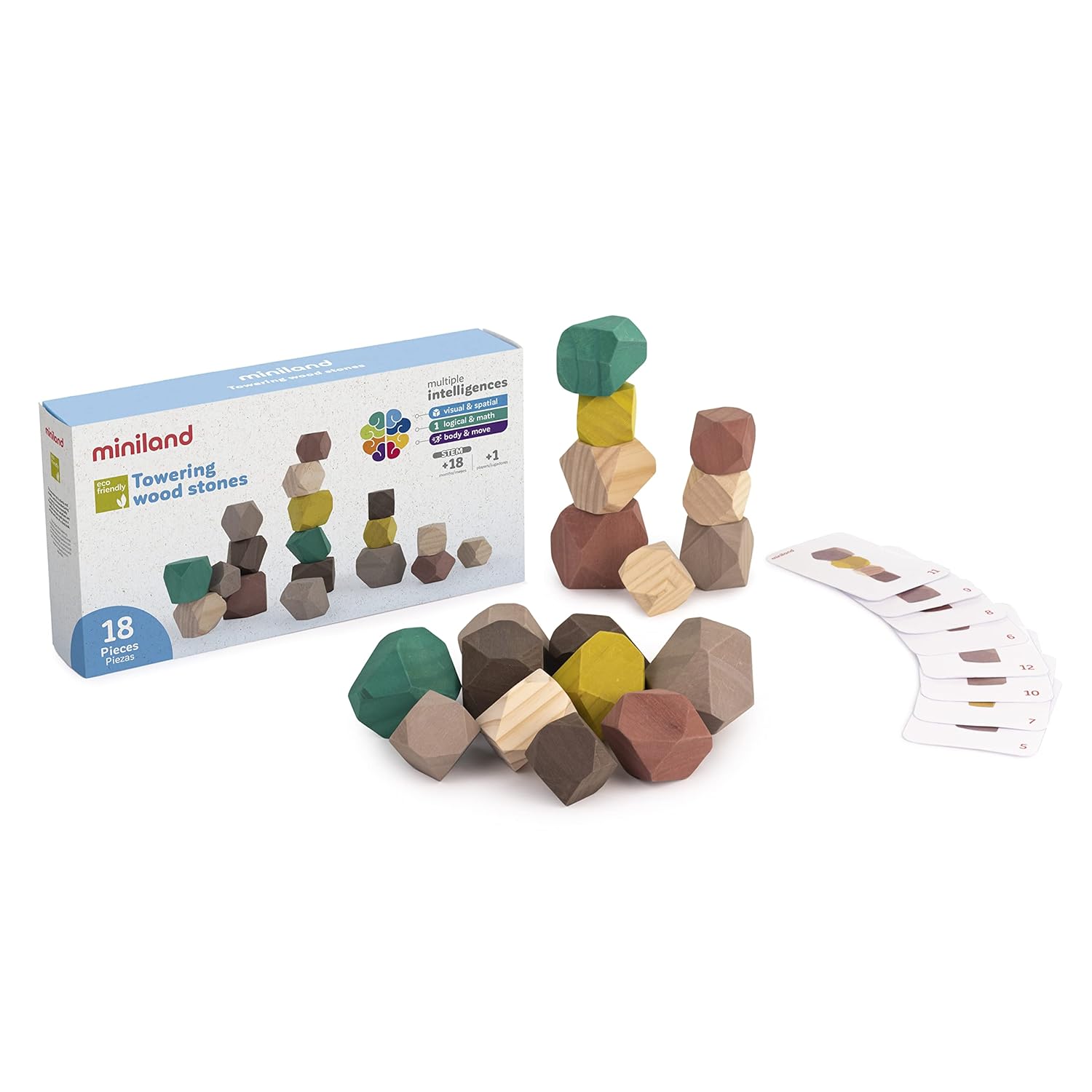 Miniland Towering Wood Stones. 18 Wooden Pieces from Sustainable Forests in Varios Sizes, Colors and Shapes to be Stacked for Children Over 18 Months
