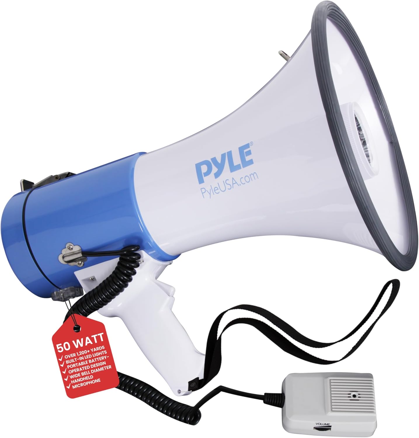 PylePyle Portable Megaphone Bullhorn Speaker - 50W, 1200 Yard Range, Built-in Siren, Adjustable Volume Control and Microphone, Perfect for Outdoor Sports, Cheerleading, Safety Drills, and More