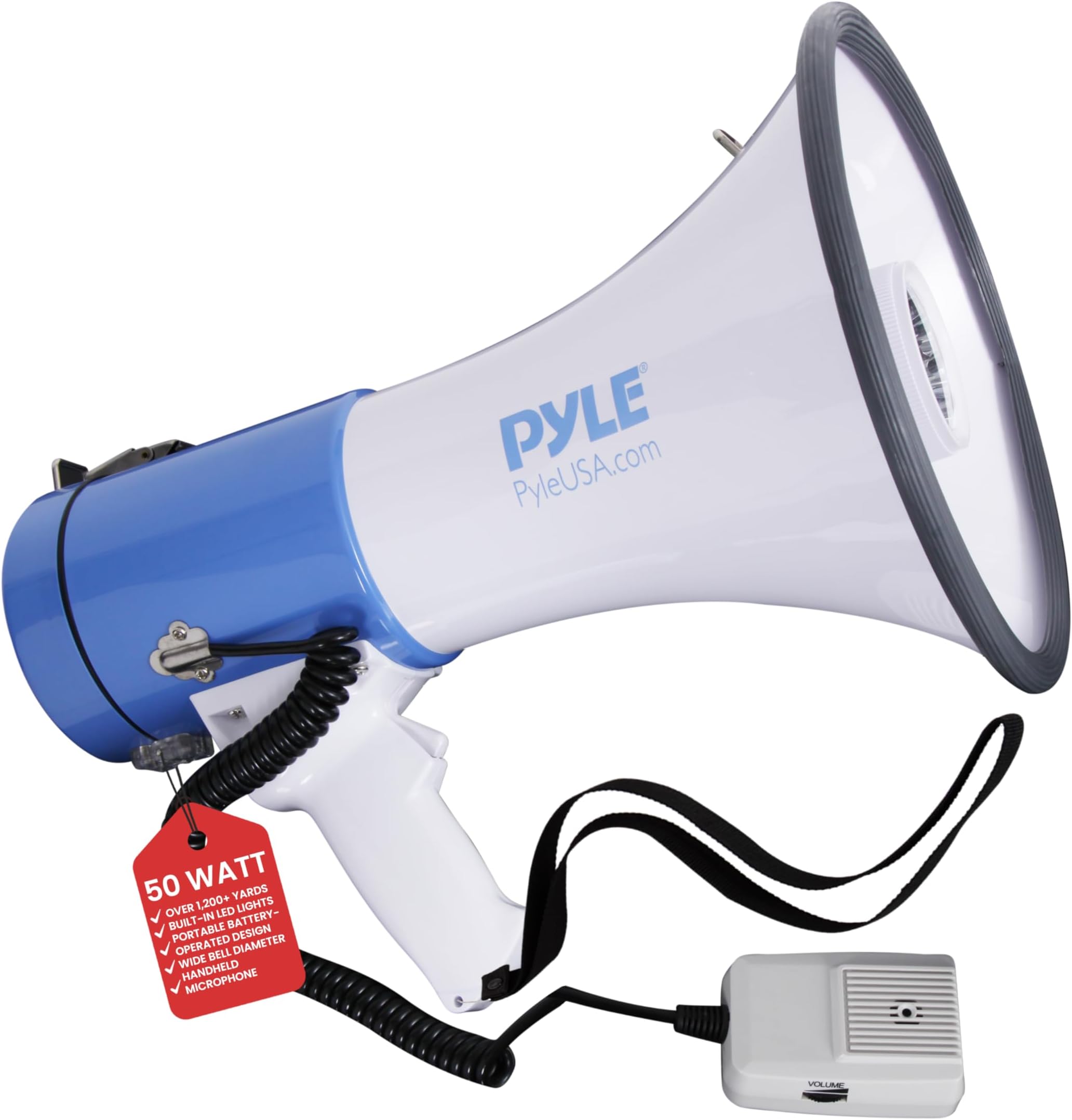 PylePyle Portable Megaphone Bullhorn Speaker - 50W, 1200 Yard Range, Built-in Siren, Adjustable Volume Control and Microphone, Perfect for Outdoor Sports, Cheerleading, Safety Drills, and More