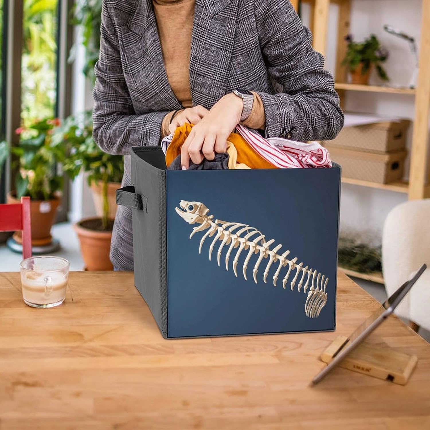 Folding Storage Bins Oxford Fabric Clothes Storage Boxes with Handles | Fish Bone Skeleton Pattern Cube Organizer, Easy to Store, Multi Functional Cube Storage Organizer for Office Bedroom