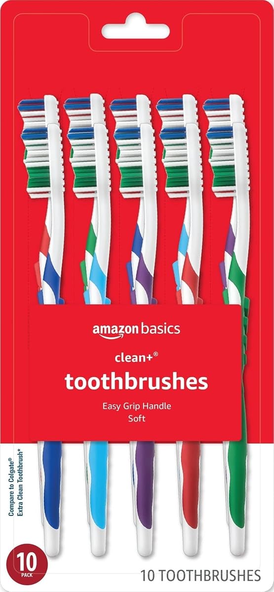 Amazon Basics Clean Plus Soft Bristle Toothbrushes with Angled End-Tuft, Cheek and Tongue Cleaner, Full Size, 10 Count, 1 Pack (Previously Solimo)