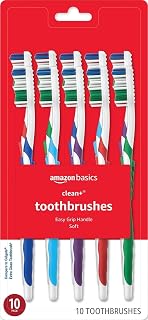 Amazon Basics Clean Plus Soft Bristle Toothbrushes with Angled End-Tuft, Cheek and Tongue Cleaner, Full Size, 10 Count, 1 Pack (Previously Solimo)
