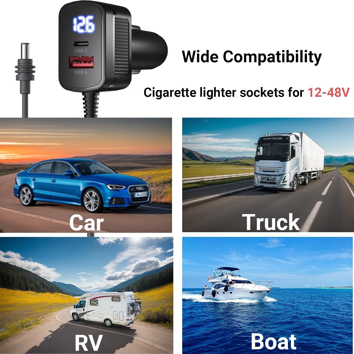 16FT Starlink Mini Car Adapter, 3-in-1 12V DC Power Cable Cigarette Lighter Charger with Voltage Display, USB-C PD 36W + USB-A 18W (Shared 36W), 16AWG/18AWG Starlink Mini Accessories for RV/Truck/Boat