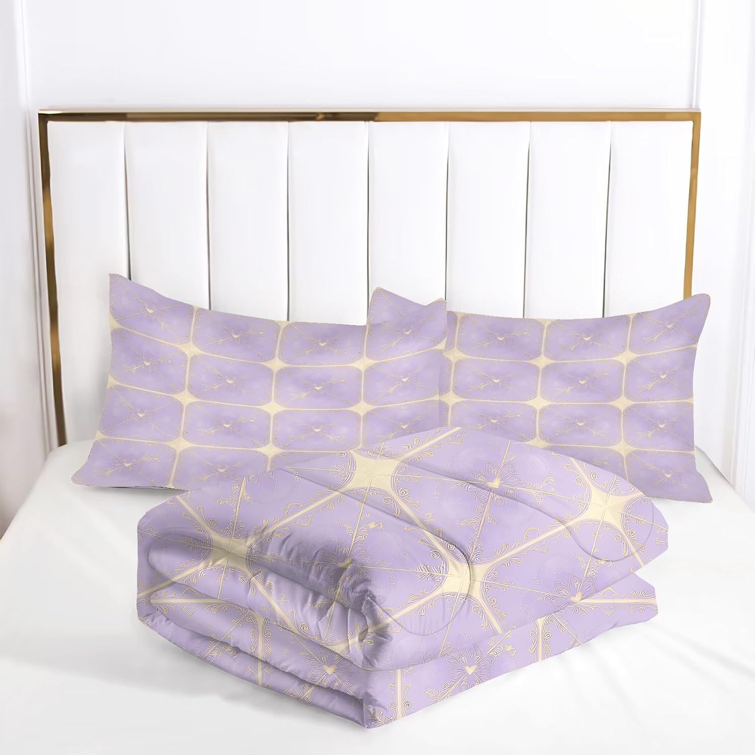 Purple Gold Grid Comforter Set Queen Size Geometric Lavender Bedding Sets Luxury Lilac Lattice Bed Set for Girls Women Adults Bedroom All Season, 1 Comforter 2 Pillowcases
