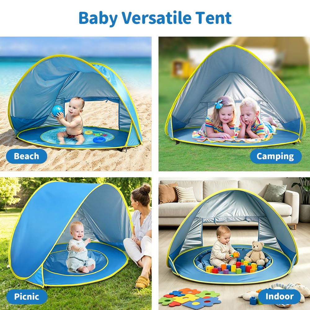 Tenda da Spiaggia Bambini, Tenda Spiaggia con Protezione UV 50, Parasole da Spiaggia con Mini-Piscina, Borsa per il Trasporto e Picchetti, Finestra con Cerniera