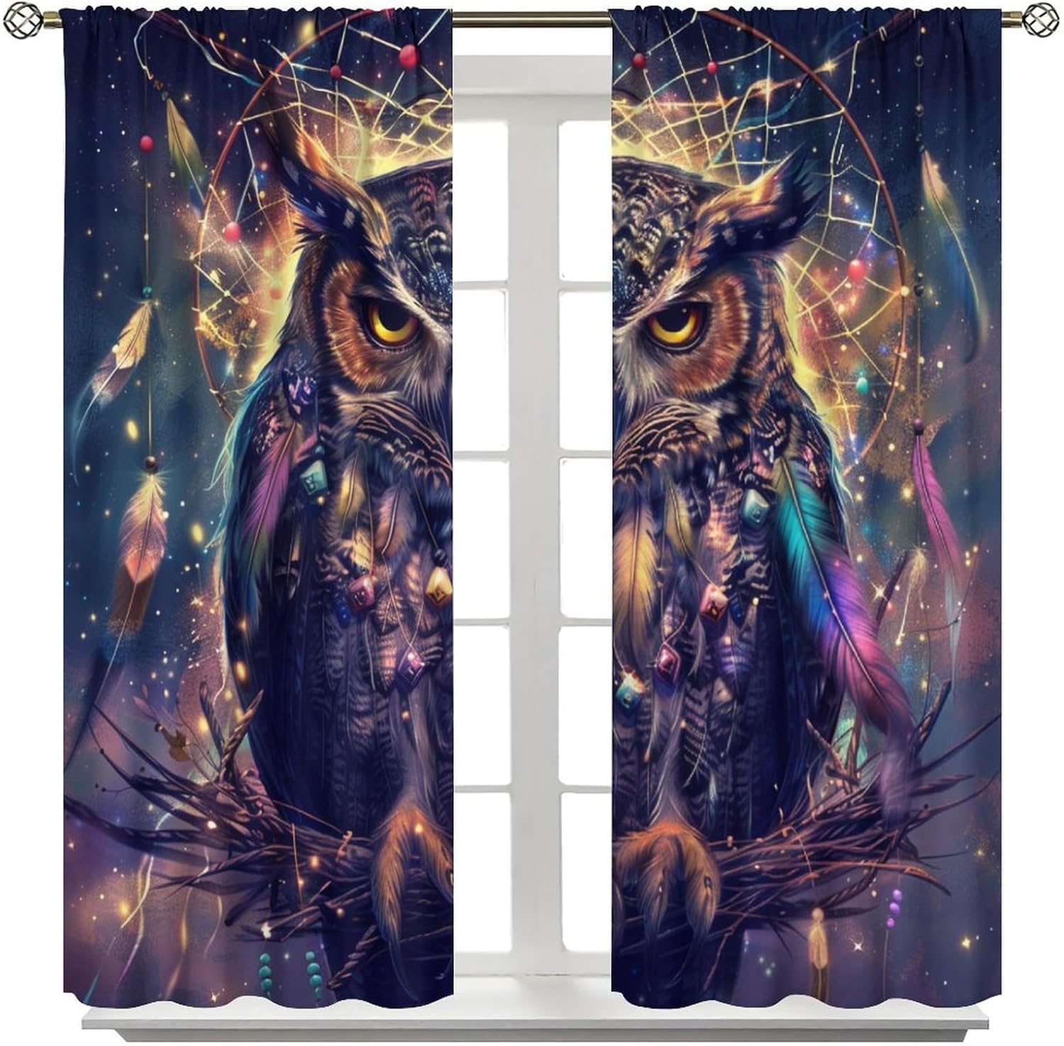 Colorful Dream Catcher Blackout Curtains for Bedroom Living Room, Rod Pocket Abstract Starry Owl Bird Curtains Thermal Insulated Window Drapes, Set of 2 Panels, 42W x 45L