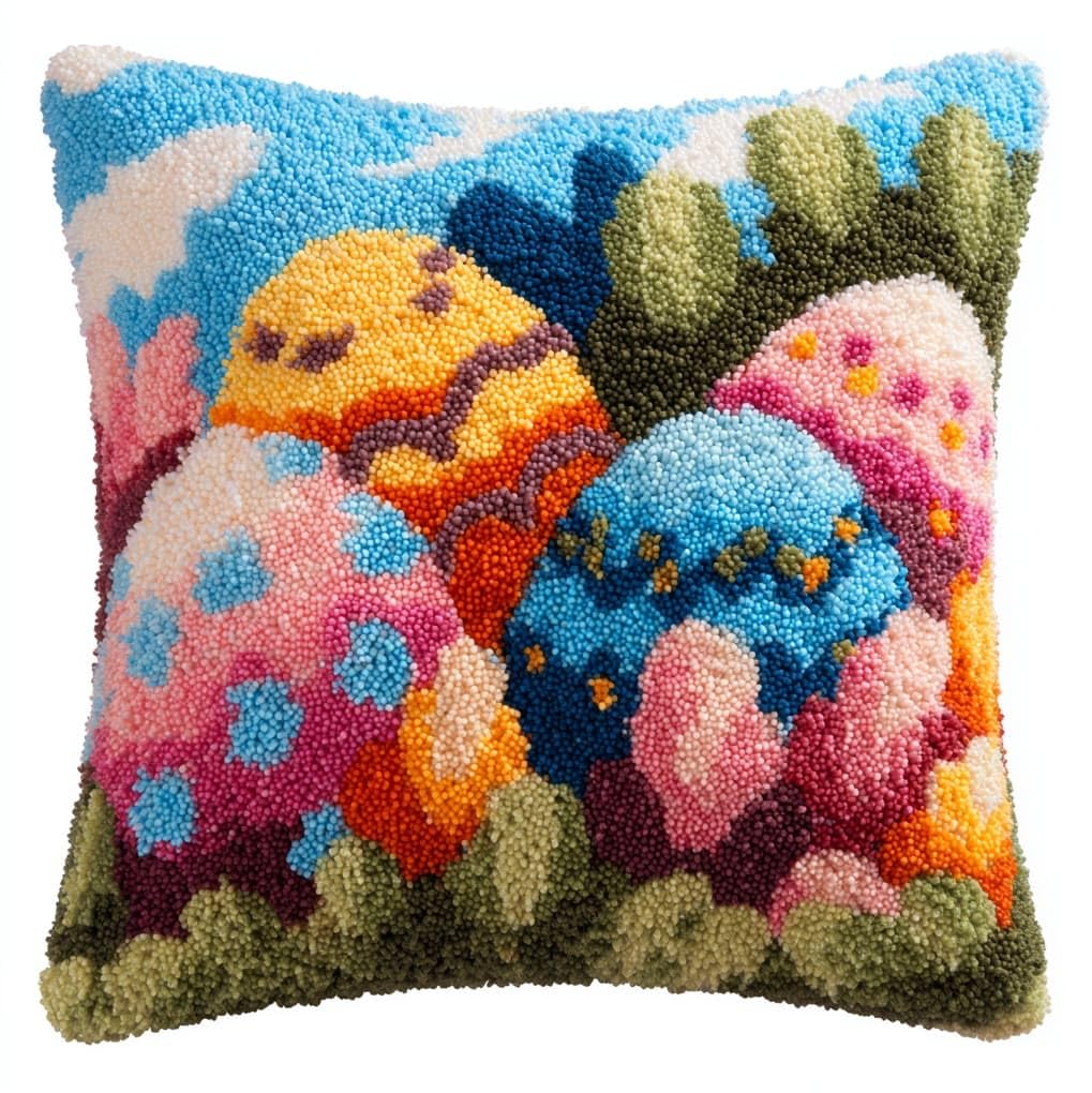 WallustrioaW Latch Hook Pillow Case Kits,Easter Eggs in the Flower Bushes