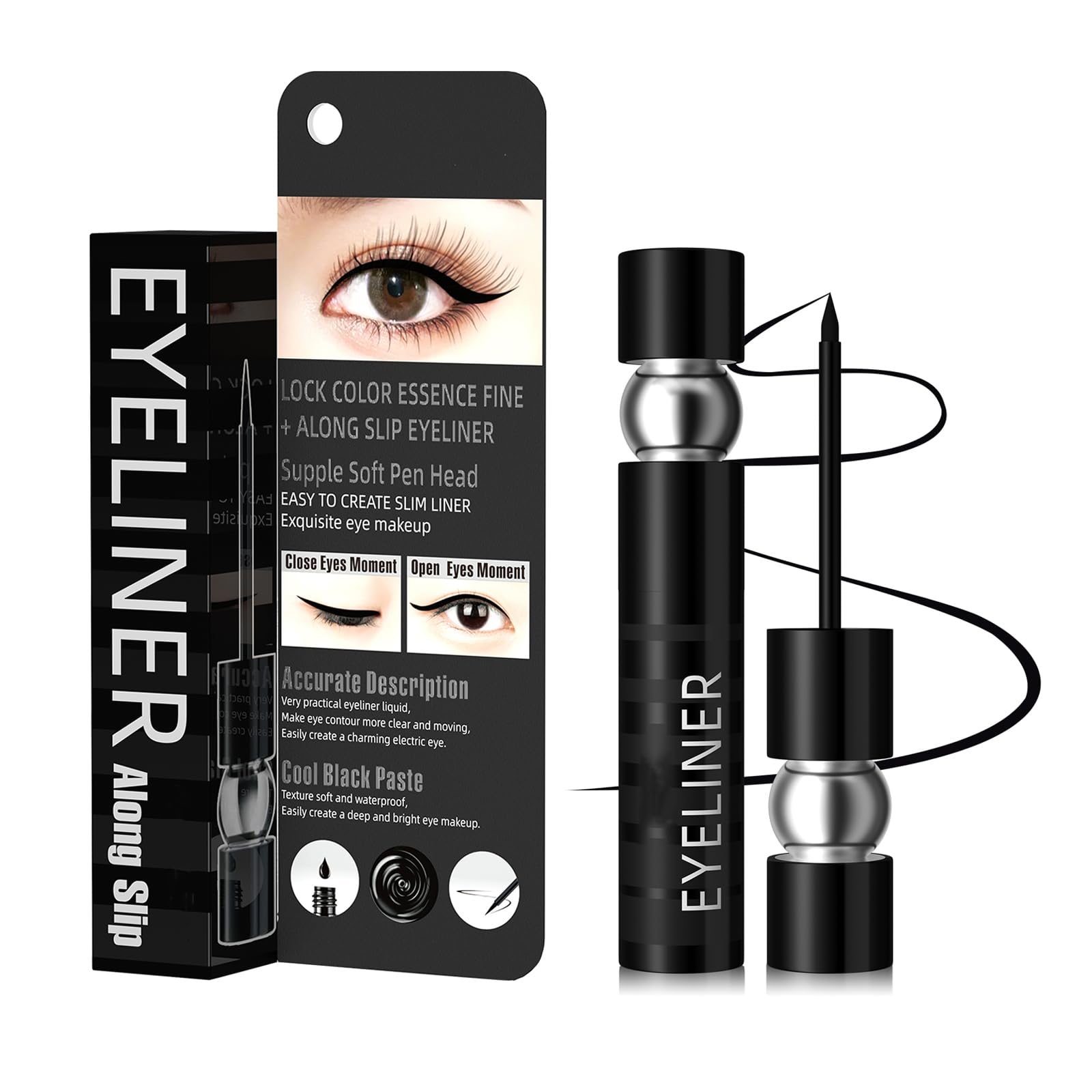 HOUSN Delineador Líquido Negro con, Delineador Líquido Slim, Delineador de 24h de Duración, Eyeliner Waterproof, Alta pigmentación Apta Ojos Sensibles