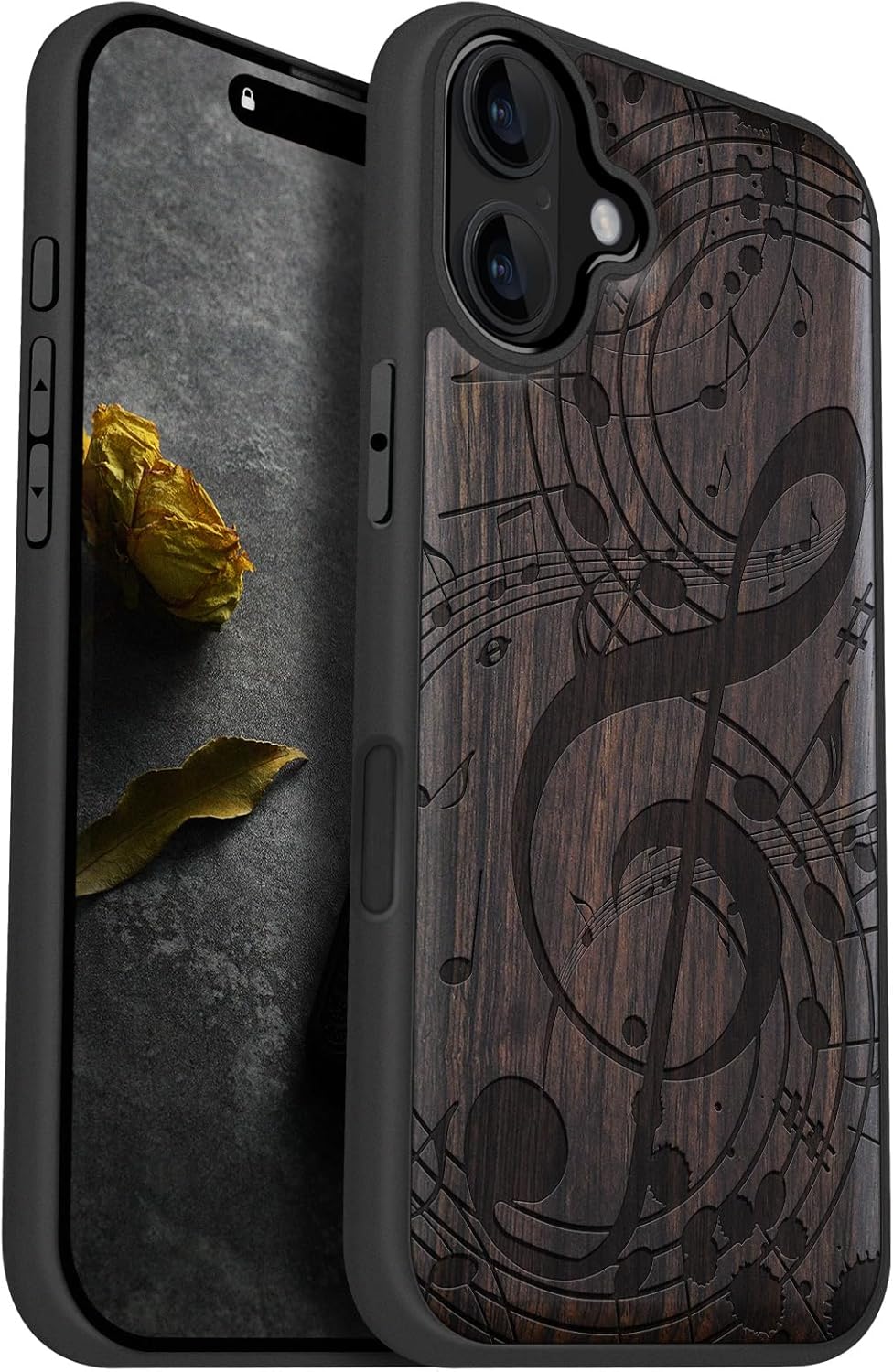 Carveit Magnetic Wooden Case for iPhone 16 Plus Case, Wood Artisan Engraved & Black Soft TPU Shockproof Cover, Compatible with MagSafe Wireless Chargers (Musical Notes) Blackwood