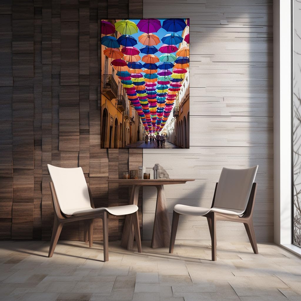 Canvas for Living room. Umbrella Canopy Transforms Urban Street into a Kaleidoscope of Color, 27 x 18 inch Canvas Wall Art - Modern Home Decor - 69x46 cm (27x18 inch)