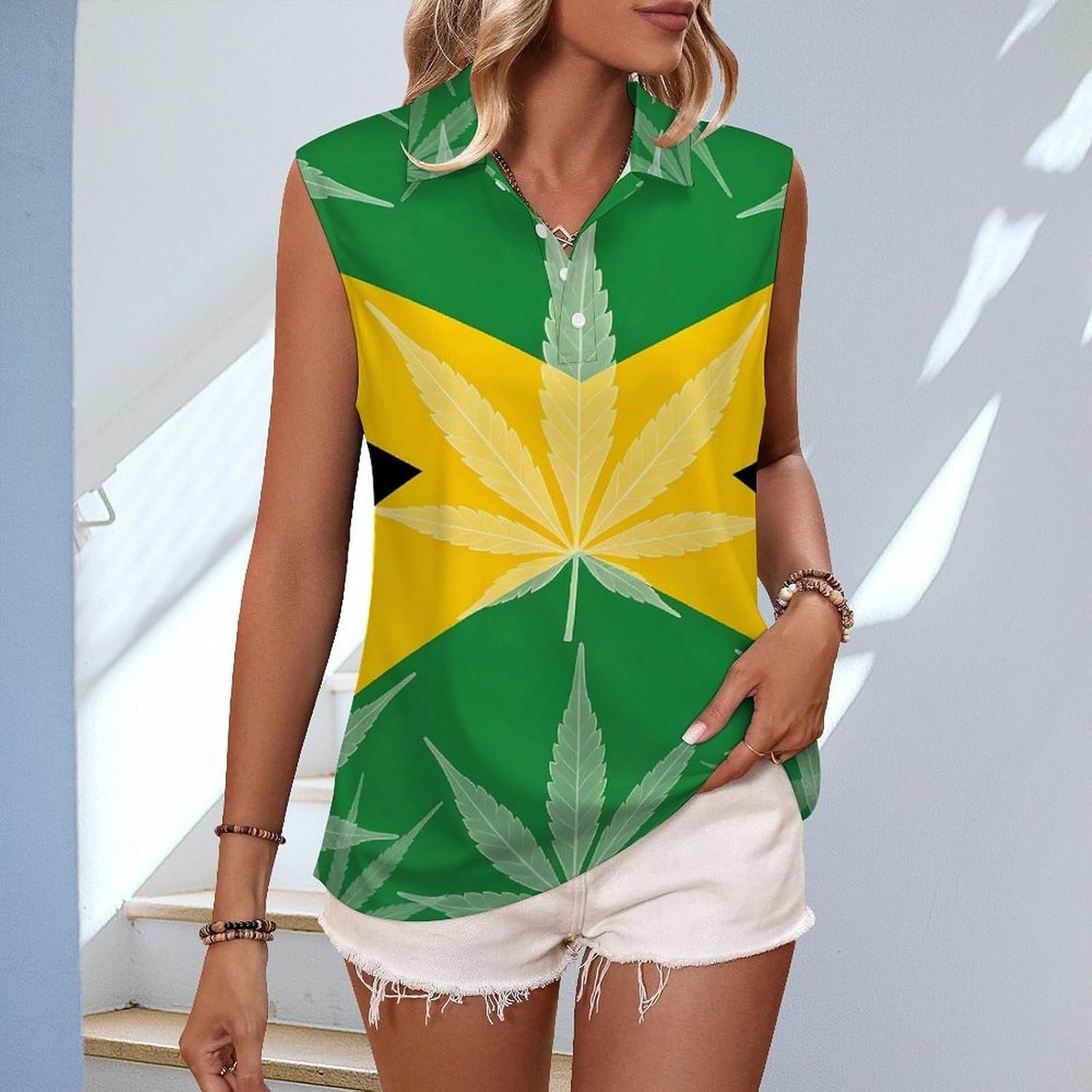 Weed Leave Jamaican Flag Women Sleeveless Collared Golf Polo Shirt | V Neck Tank Top,Breathable Tennis Shirts
