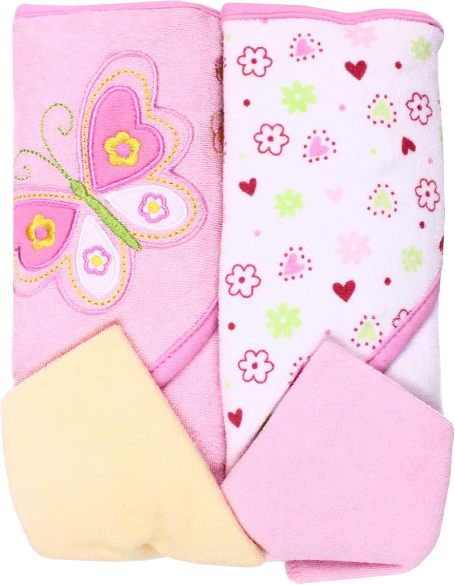 Spasilk Bath Hooded Towels & Washcloths Set for Babies, 2 Hooded Terry Bath Towels & 2 Washcloths, Pink Butterfly